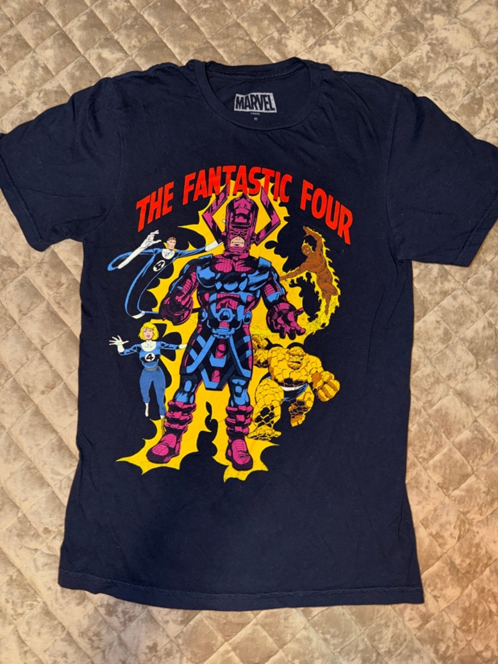 Marvel Black Tee with Red, Yellow, Pink and Blue Fantastic Four Print